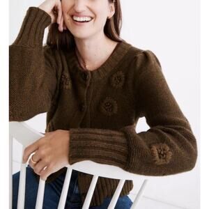 MADEWELL Sz XS Brown Green 3D Floral Alpaca Wool Blend Cardigan Whimsical